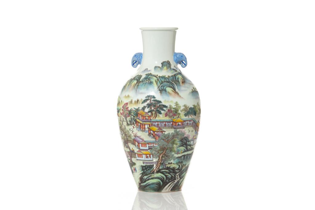 CHINESE ENAMEL PAINTED PORCELAIN VASE WITH HANDLES: Painted with landscape scenes to body, a pair of blue painted elephant form handles to side. H. 43cm (17 in.)Purchased online by David Wang Boyi LA bidder ID jgdavid1688 of 257 Avenue du General Lecle