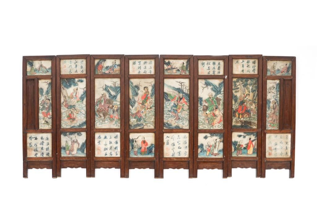 CHINESE EIGHT PANEL STONE INSET SCREENS: Each panel divided into three sections, painted on one side with figures and immortals, and alternating landscape, lowers, and calligraphy scenes to both sides. Late 19th to early 20th C.Each panel si