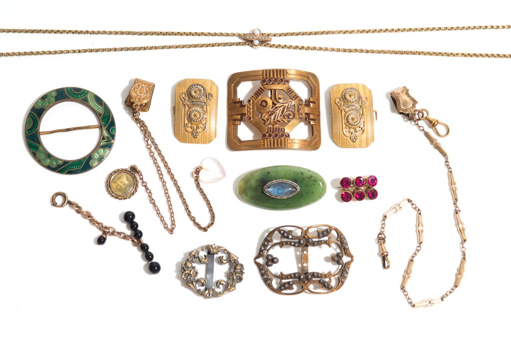 LOT OF ANTIQUE AND VINTAGE GOLD FILLED JEWELLERY: Including one pair of shoe buckles, four assorted shoe buckles, two brooches, three watch chains and assorted slides and fobs.