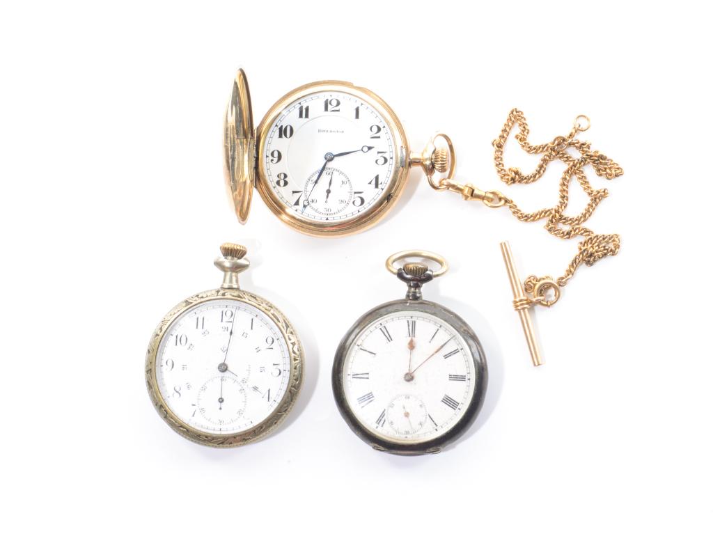THREE POCKET WATCHES: Including: one Burlington Watch Co. pocket watch in a gold filled hunter case with chain, movement marked Burlington Watch Co., Chicago, 21 jewels, serial no. 4039303, and one open face Omega pocket w
