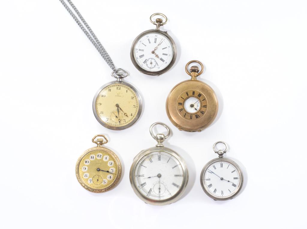 GROUP OF SIX POCKET WATCHES: Including an Omega pocket watch with chain; a large pair case pocket watch set within Fahys Silverore case; a silver open face pocket watch in a silver case (Adolph Ries, Birminham, 1884),movement uns