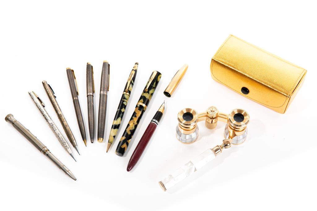 LOT OF VINTAGE OPERA GLASSES AND PENS & PENCILS: Nine pens and pencils ncluding one tortoiseshell American Sheaffer fountain pen and pencil duo, two sterling silver overlaid American Sheaffer mechanical pencils, one vintage burgundy CanadianSheaffer