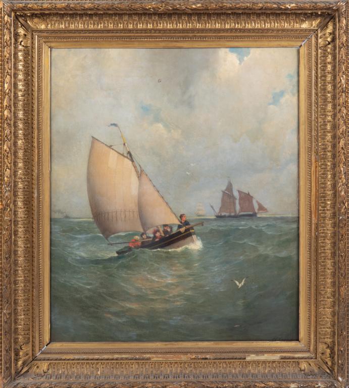 EDOUARD JEAN CONRAD HAMMAN (Belgian, 1819-1888): Sailing in a Fair Wind Oil on canvas Signed lower right Size: 32 x 25.75 in.Note: the name J. Ottoz printed in ink verso
