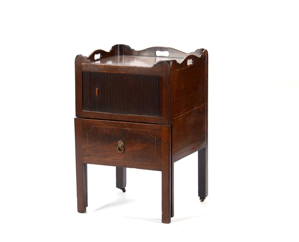 GEORGIAN MAHOGANY COMMODE: With Tambor shutter and inlaid front drawer with lion mask pull revealing original "Welsh Hat" chamber pot. c. 1820.H. 29 W. 20 D. 18 1/2 in.