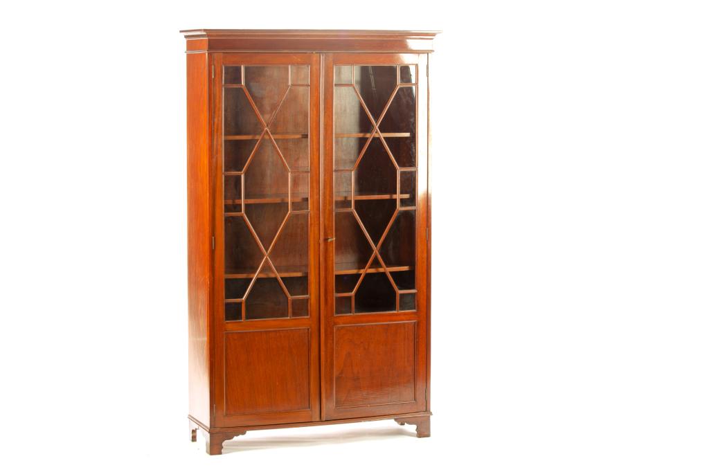 MAHOGANY GERORGIAN STYLE BOOKCASE: With glazed doors and interior lighting. H.69 1/4 W. 41 3/4 D. 14 in.