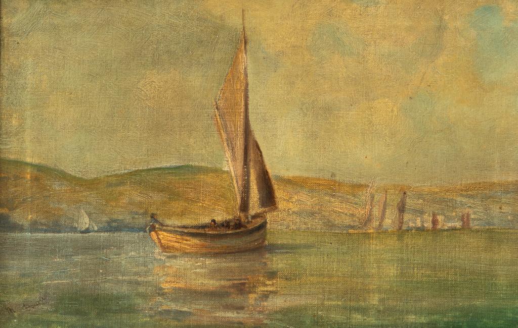 M. DOWE (British School): Sailing Along the Coast Signed lower left Oil on canvas Size: 12 x 18 in.
