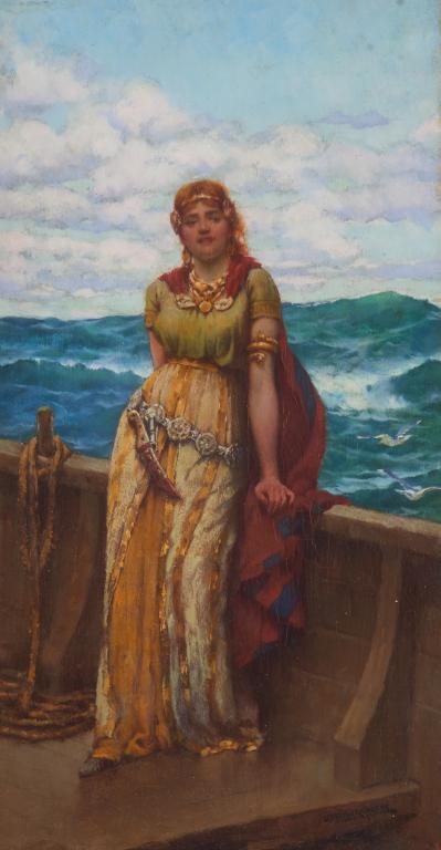 WILLIAM A. BREAKSPEARE (British, 1855-1914): The Viking's Daughter Oil on panel Signed lower right Size: 10.5 x 5.5 in. With the Robert Dunthorne, Rembrandt Gallery, London.