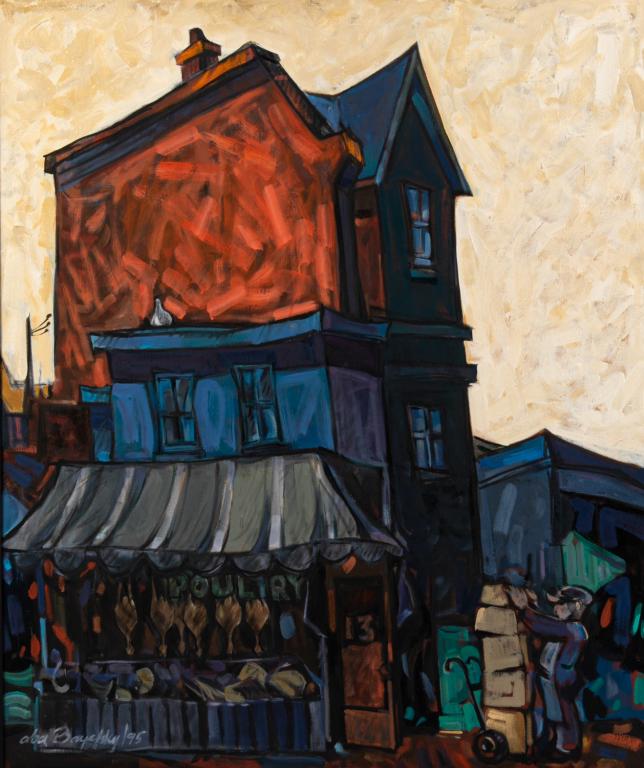 ABA BAYEFSKY (Canadian, 1923-2001): Butcher Shop, Kensington Market Oil on canvas Singed lower left Size: 36 x 30