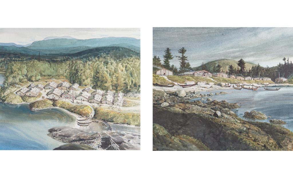 GORDON J. MILLER (Canadian, 20th C): Two watercolours depicting Northwest Coast Villages Each signed and dated '83 Size: 14 x 16 in. (each, sight)19.5 x 21.5 in. (each, sight0)