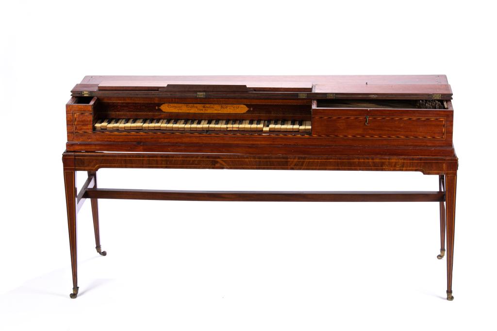 GEORGE III MAHOGANY SPINET PIANO: Signed George Godfrey, London 1775.(Georgius Godfrey, Londini, Feict, 1775) Number 12 near Temple Bar Strand. Complete but need restoration. Dimensions: H. 81 cm (32 in); W. 148 cm (58 1/4 in); D. 51 
