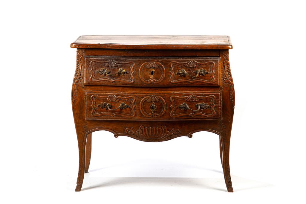 ANTIQUE FRENCH WALNUT COMMODE: Hand carved with two drawers, 18th C. H. 31 1/2 W. 33 1/2 D. 19 1/2