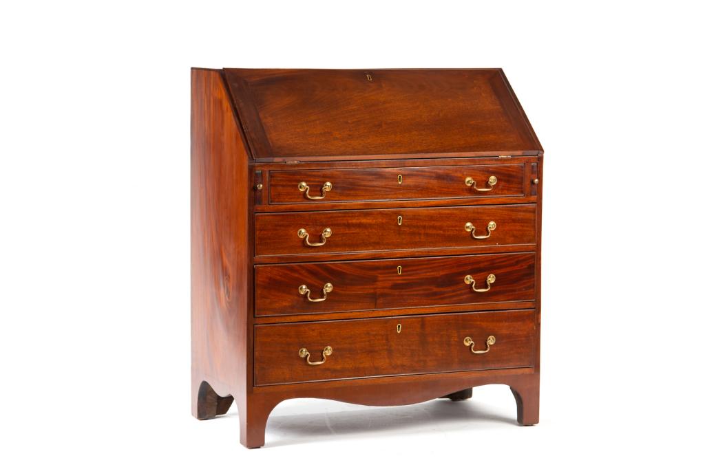 GEORGE III MAHOGANY SECRETAIRE DESK: Fall front with fitted interior over four drawer chest. H. 41 1/4 W. 36 D. 19 1/2 (Closed) 33 1/4 (Open)in.