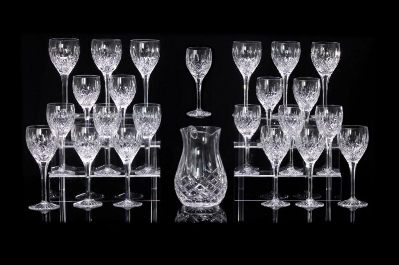 GROUP OF SHAFTESBURY CRYSTAL STEMWARE BY STUART: Vertical and crisscross cut pattern throughout set, late England, 20th century. 24 pieces impressed with makers marks, group includes: 12 Water goblets H. 21.75 cm (8 1/2 in) 11 Claret wine glasses H.