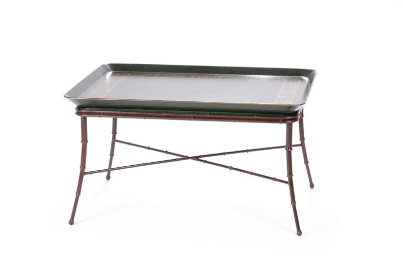 FAUX BAMBOO TRAY TABLE: Green tole metal tray top. Overall Height: 18 3/4 inchesLength of tray: 33 1/4 inchesWidth of tray: 23 1/4 inches.