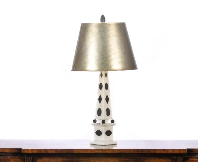 OBELISK FORM ALABASTER LAMP: With onyx geometric details to the body. H. of body: 47 cm (18 1/2 in.) H. to finial: 63.2 cm (24 7/8 in.)