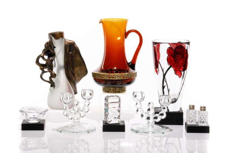 LOT OF DECORATIVE VASES & TABLE ACCESSORIES: Including three vases, candlesticks, and salt and pepper shakers.