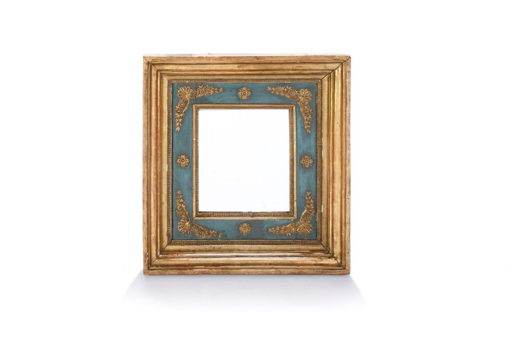 GREEN & GILDED DECORATIVE ANTIQUE MIRROR: Including frame: H. 23 1/4 in ; W. 22 in