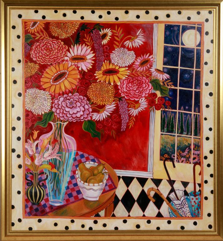JANE KEWIN (Canadian, 20th C): Still Life with Umbrellas Oil on canvas Size: 60 x 60 With Hollander York Gallery, label verso