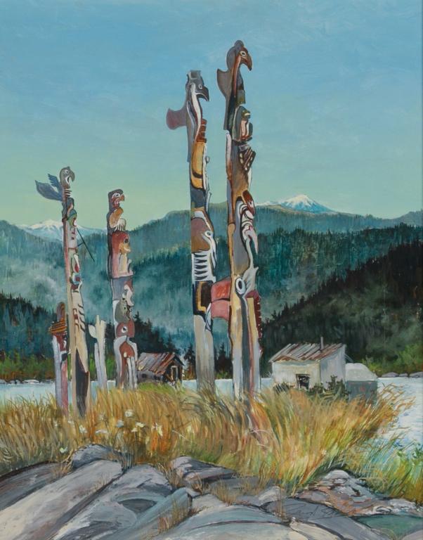 CANADIAN SCHOOL (Mid-20th C): Totems in a Northwest Coast Village Acrylic on Masonite Signed indistinctly lower right Size: 28 x 22 in.
