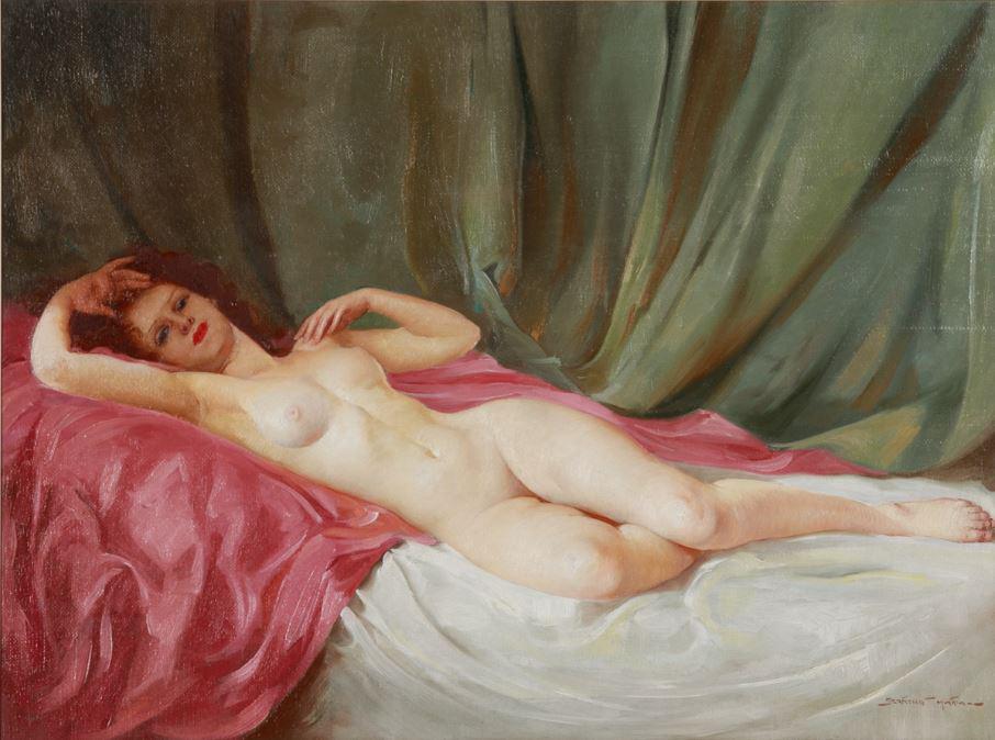MARIA SZANTHO (Hungarian, 1898-1984): Reclining Nude Oil on board Signed lower right Size: 23.75 x 31.5 in.