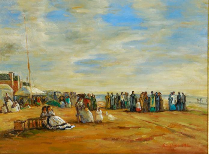 MANNER OF EUGENE BOUDIN: Victorian Beach Scene Oil on canvas Signed (indistinctly) lower right Size: 12 x 16 in.