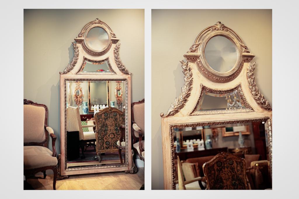ITALIAN ANTIQUE ARCHITECTURAL STYLE MIRROR: Silver painted finish by La barge. Co H 77 X W 45 in.