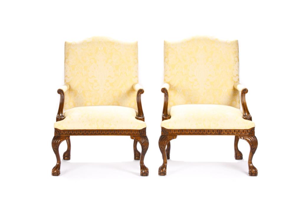 PAIR OF GEORGE III STYLE GAINSBOROUGH CHAIRS: With yellow upholstery. H. 40 ; W. 24 1/2 ; D. 27 in