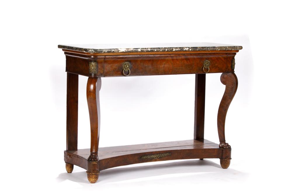 GREEN MARBLE TOP CURVED WALNUT CONSOLE TABLE: 19th C with bronze accents and lion head pulls, English.