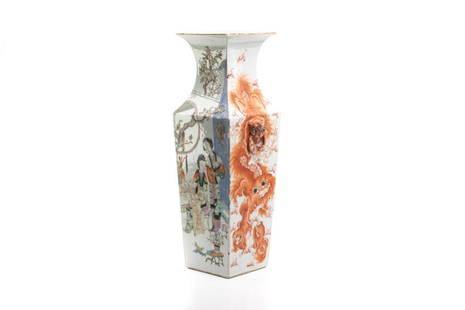 CHINESE IRON RED & QIANJIANG PORCELAIN SQUARE VASE: 晚清 張義泰作礬紅淺绛彩方瓶 Two opposing sides painted with figures in house garden scenes. The other two sides painted