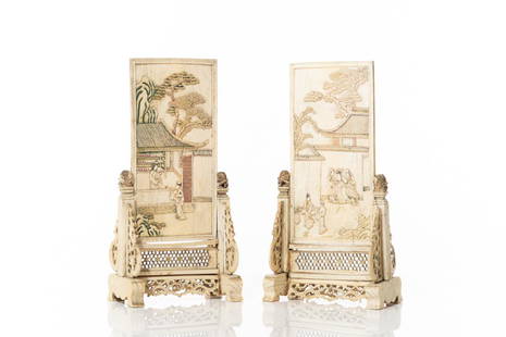 PAIR OF CHINESE NATURAL CARVED TABLE SCREENS: 清 牙雕山水花鳥人物紋插屏（一對）Both panels carved in relief with family garden scene to one side,
