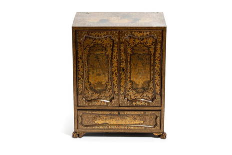 CHINESE CANTON EXPORT GOLD & BLACK LACQUER CABINET: 清 外銷黑漆描金小櫃 Painted with family scenes and framed by floral patterns. Standing on four bat and mask form legs. The chest consists of a