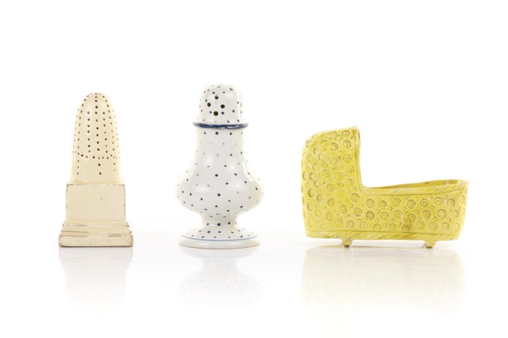 TWO EARLY POUNCE POTS & MINIATURE CREAMWARE CRIB (1 of 1)