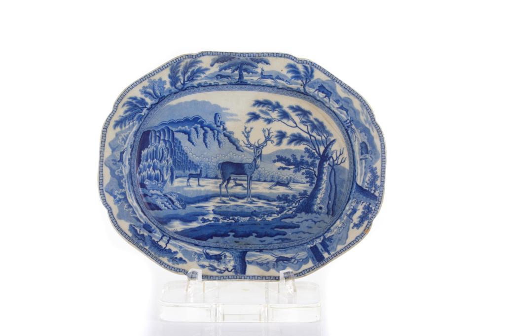 19TH C ENGLISH BLUE & WHITE TRANSFERWARE PLATTER (1 of 3)
