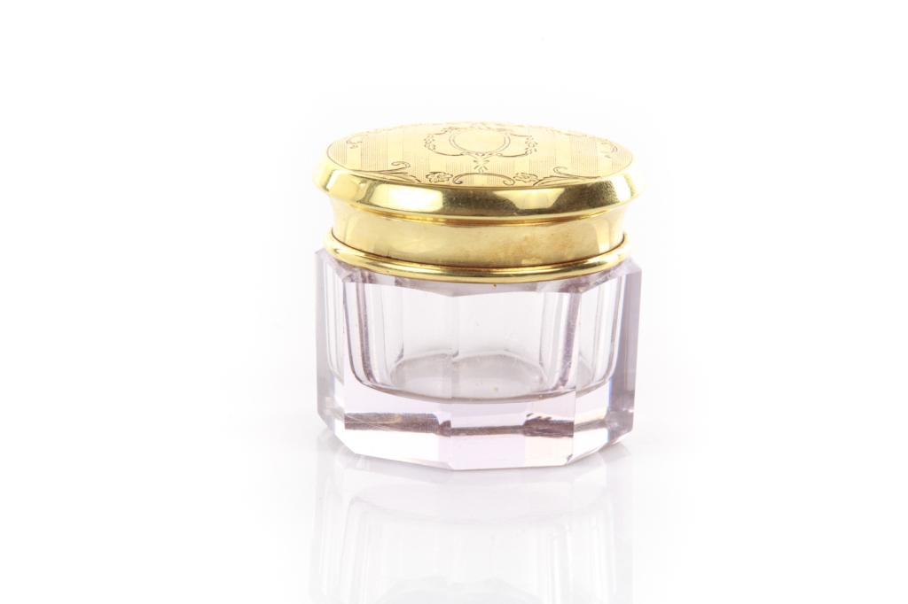 GLASS POWDER JAR WITH 14K YELLOW GOLD LID (1 of 2)
