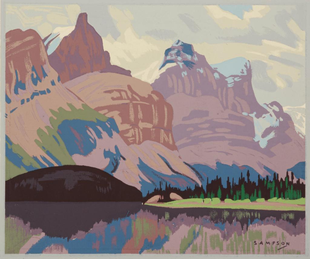 JOSEPH ERNEST SAMPSON (Canadian, 1887-1946): Maligne Lake, Jasper Park Silkscreen Signed in plate Size: 8.5 x 10 in. Unframed.