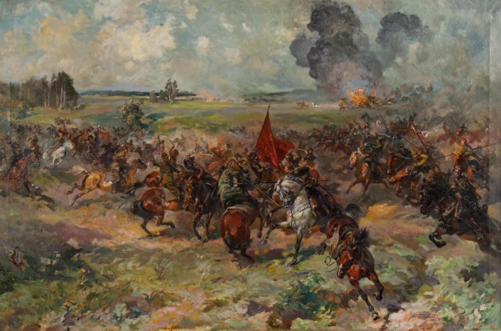 ANTONI TRZESZCZKOWSKI (Polish, 1902-1974): Kossak Battle Scene Oil on canvas Signed and dated 1935 lower right Size: 23.75 x 35.75 in.