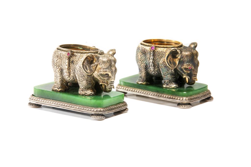 PAIR OF RUSSIAN SILVER ELEPHANT OPEN SALTS, 519g (1 of 5)