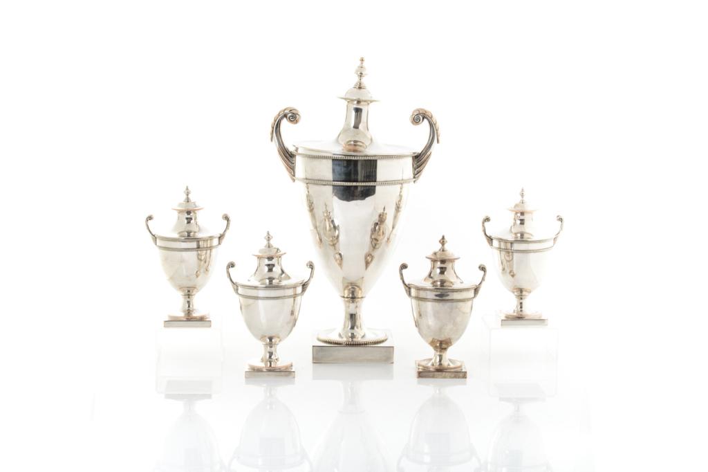 SET OF FIVE ADAMS STYLE SILVERPLATE URNS (1 of 1)