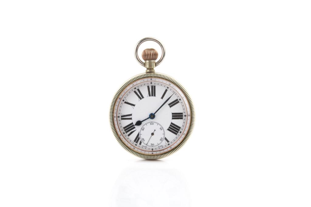 WW II BRITISH ISSUED MILITARY WATCH: A Swiss made fifteen jewel pocket watch stamped on the back with PATT 300 British Broad arrow and serial number 1882