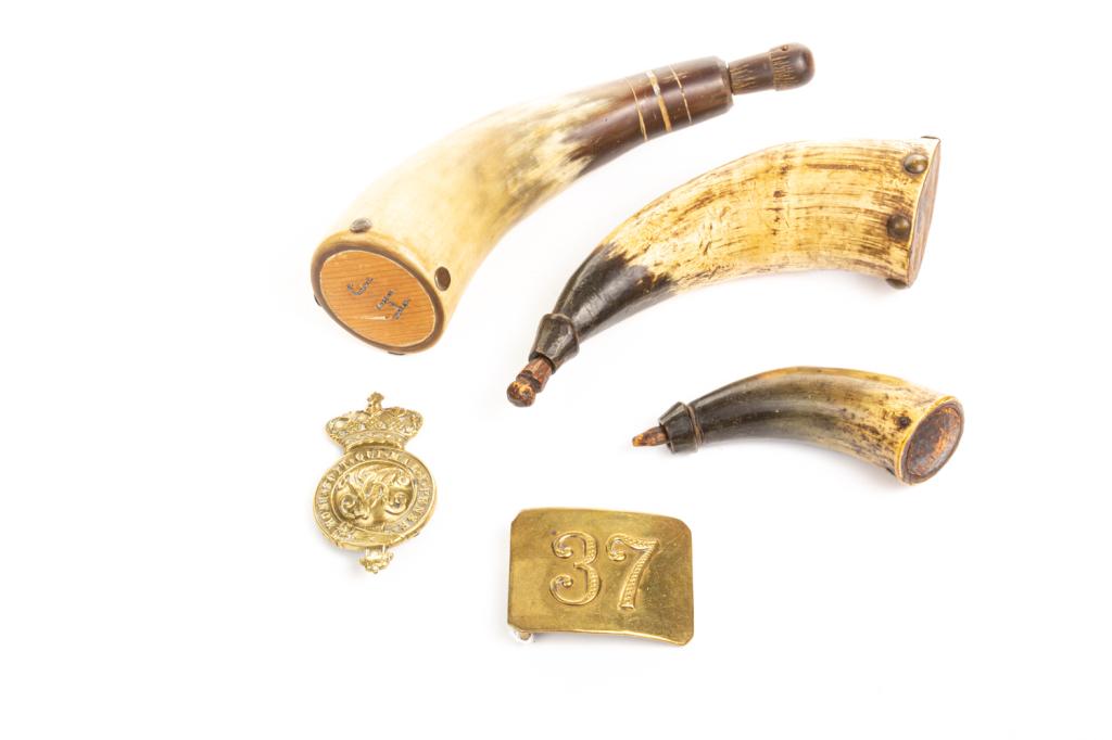 19TH CENTURY POWDER HORNS AND BELT PLATES (1 of 1)
