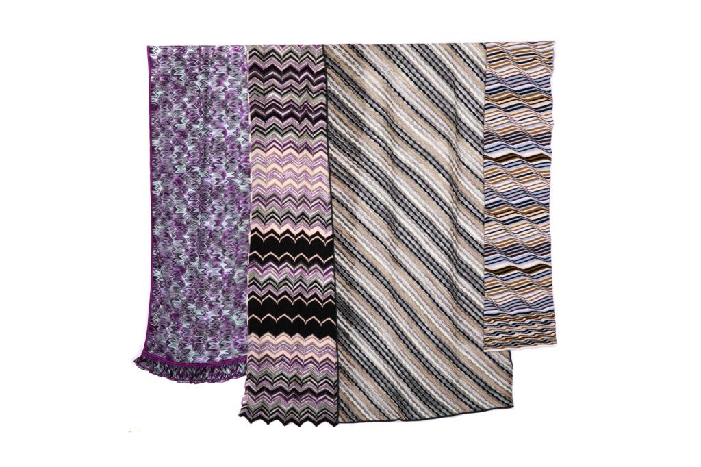 FOUR MISSONI ITALIAN SCARVES: All in traditional woven fabrics.