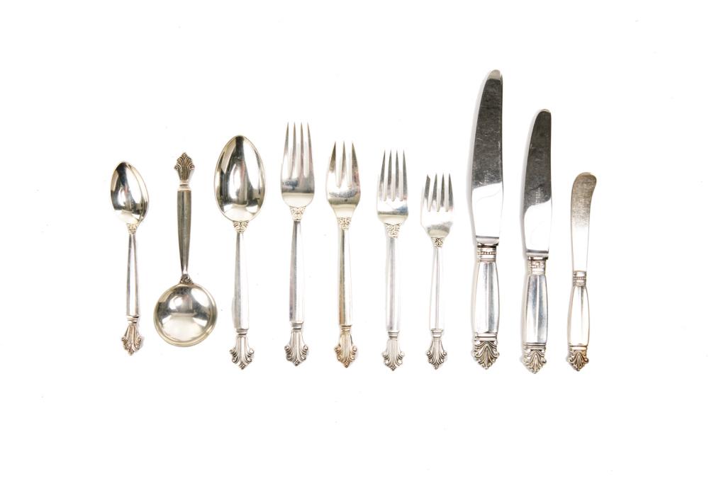 130 PCS GEORG JENSEN SILVER FLATWARE SERVICE: Georg Jensen sterling silver flatware set in the Acanthus pattern (number 1917) by Georg Jensen, Denmark. Ten-piece service for eleven, plus additional setting pieces and three serving pieces. Compris