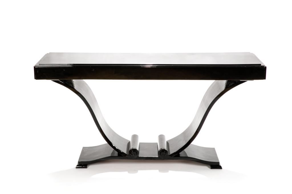 ART DECO EBONIZED CONSOLE TABLE: Lyre style form. H. 30 W. 59 1/2 D. 19 in.