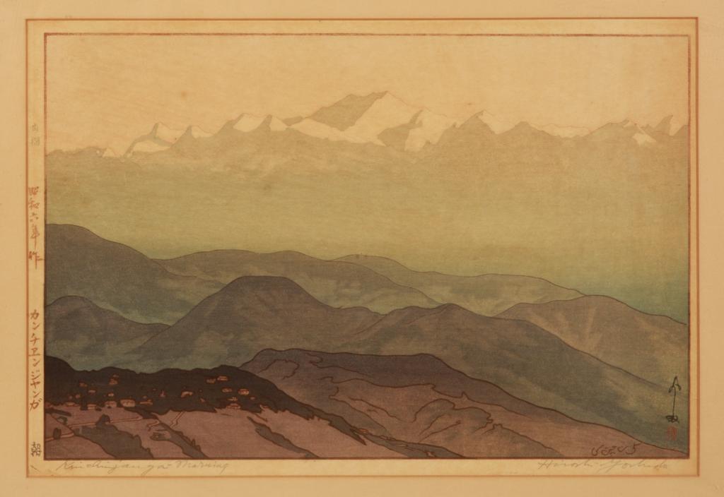 HIROSHI YOSHIDA (1876-1950), JAPANESE PRINT: Hiroshi Yoshida Kanchenjunga Morning woodblock print on paper, framed. Image size: 25 x 37cm (9 3/4 x 14 1/2 in.) Frame size: 42 x 53cm (16 1/2 x 20 3/4 in.)