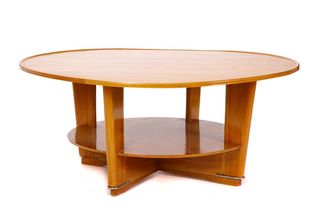 ART DECO CIRCULAR TWO TIERED COFFEE TABLE: Fruitwood table with sun burst veneer top, attributed to Jules Leleu. H. 18 in.Dia. 42 in.