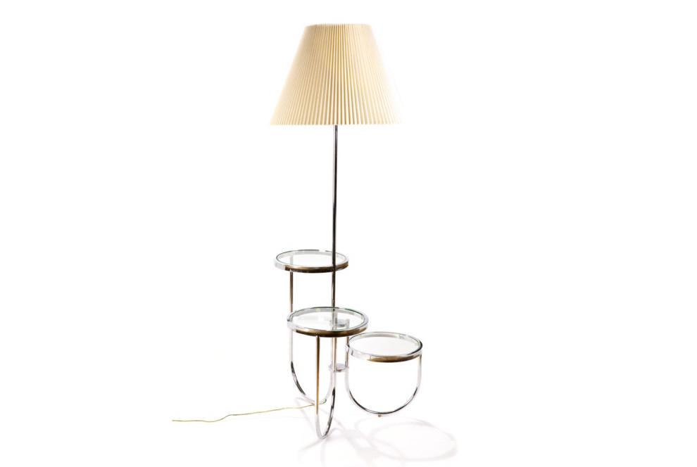 MID CENTURY CHROME LAMP SIDE TABLE: Floor lamp with attached three-tiered table. Chrome frame with circular glass table top inserts. Mid century. H. 60 in