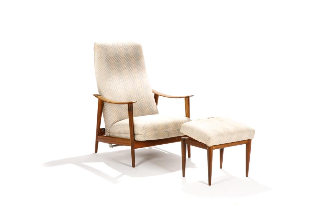 MID C LOUNGE CHAIR & OTTOMAN: Scandinavian lounge chair with teak frame. Upholstered in pastel geometric textile. Adjustable rocker. With detachable headrest and matching footstool. H. 39 W. 26 1/2 D. 34 in Minor wear to upholster
