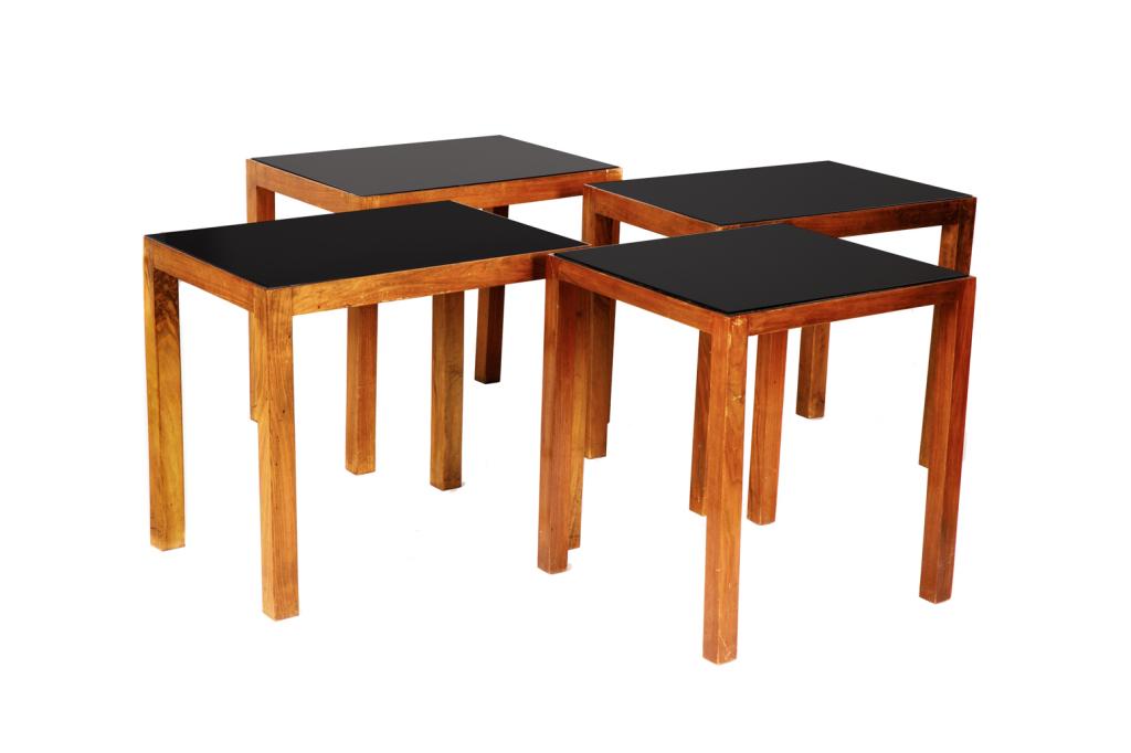 PAIR OF MID CENTURY TEAK AND GLASS SIDE TABLES: Matching pair of rectangular tables with teak frame, straight legs and smoked glass tops. H. 22 1/2 W. 25 1/2 D. 17 1/2 in