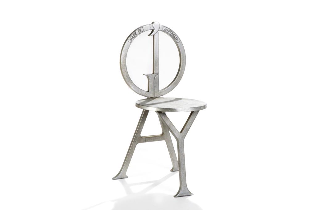 MID C THREE-LEGGED CAST ALUMINIUM G DAY CHAIR: Chair designed by Brian Sayer and Christopher Connell. Handmade from recycled aluminum. Made in Australia.