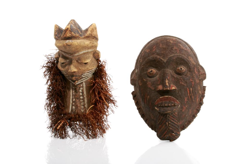 TWO AFRICAN TRIBAL CARVED CONGOLESE MASKS: Two distinctive styled masks, likely originating from DR Congo. Smaller of the two is a traditional "Muyombo" dance mask of the Pende tribe, typically worn on top of the head (intended to be viewed fr